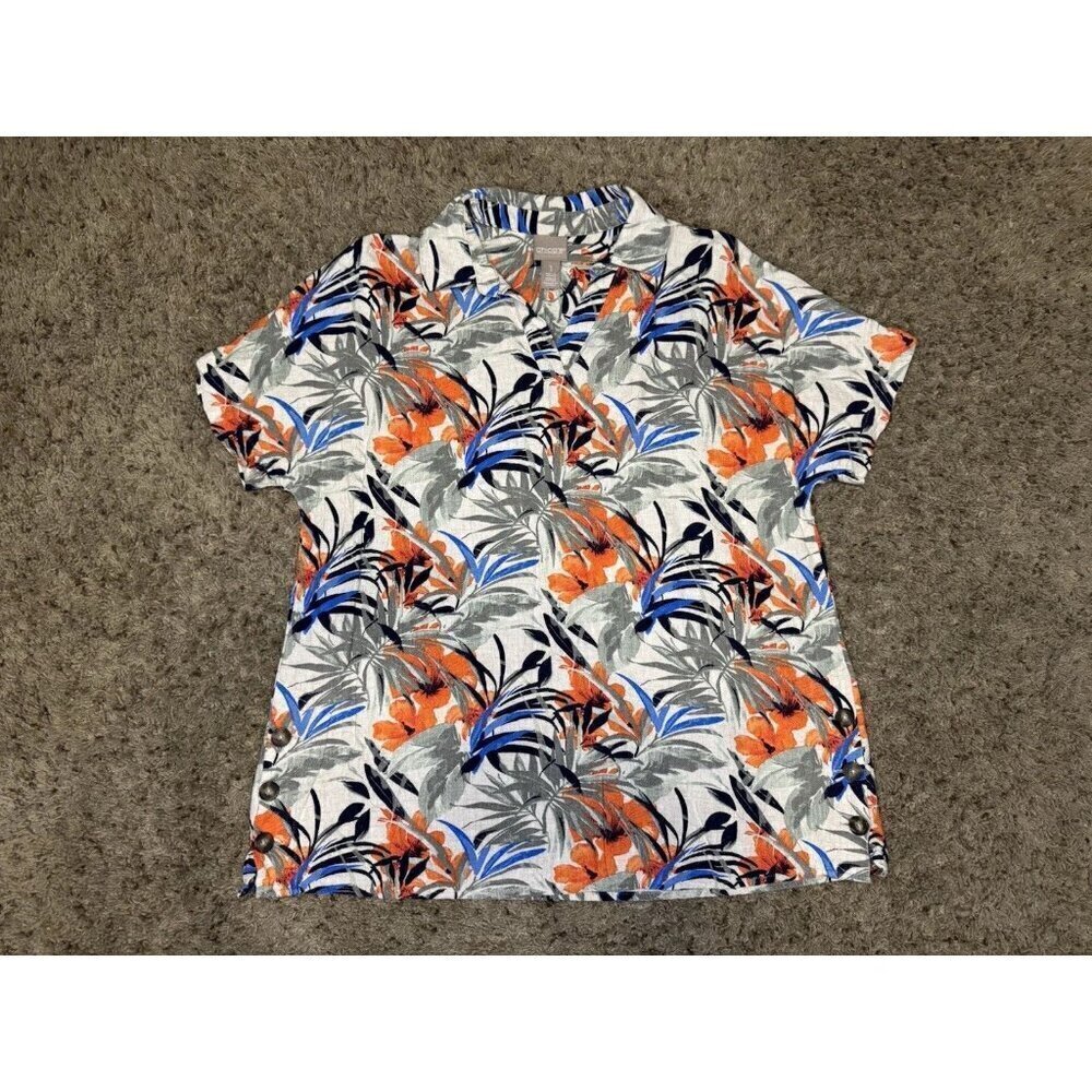 CHICOS Linen Blend Short Sleeve Hawaiian Floral Collared Tunic Top Beach SMALL
